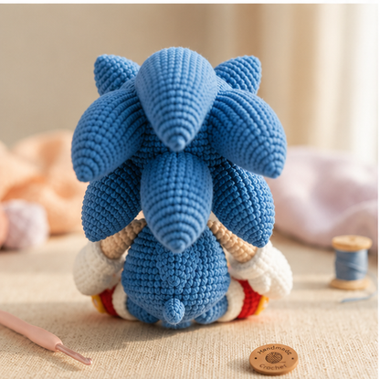 Blue Speedster Inspired Crochet Doll – Emotional Support Plush – Handmade Amigurumi Desk Buddy – Cute Gamer Gift – Crochet Collectible