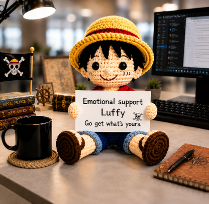 WoolyArtis™ | Emotional Support Luffy Crochet Doll – Handmade Anime Inspired Amigurumi Plush with  with Personalized Quote, Cute Desk Decor & Gift for Anime Fans