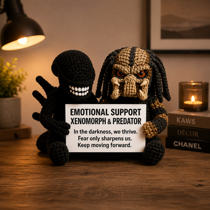 WoolyArtis™ | Emotional Support Monster Duo – XENOMORPH & PREDATOR – Handmade Crochet Alien & Hunter Plush Set with Personalized Quote