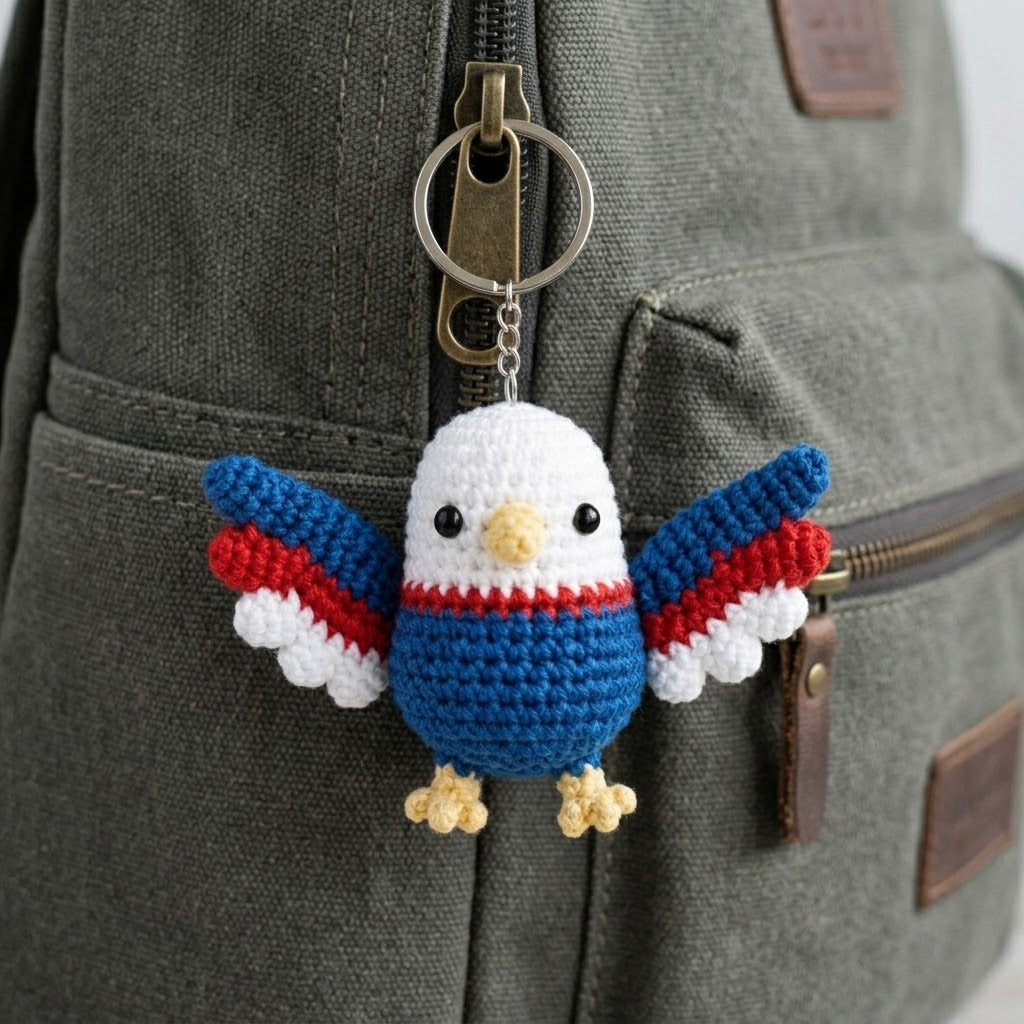 WoolyArtis Crochet Bald Eagle keychain in red, white, and blue, patriotic USA Amigurumi bag charm for Independence Day or 4th of July celebrations.