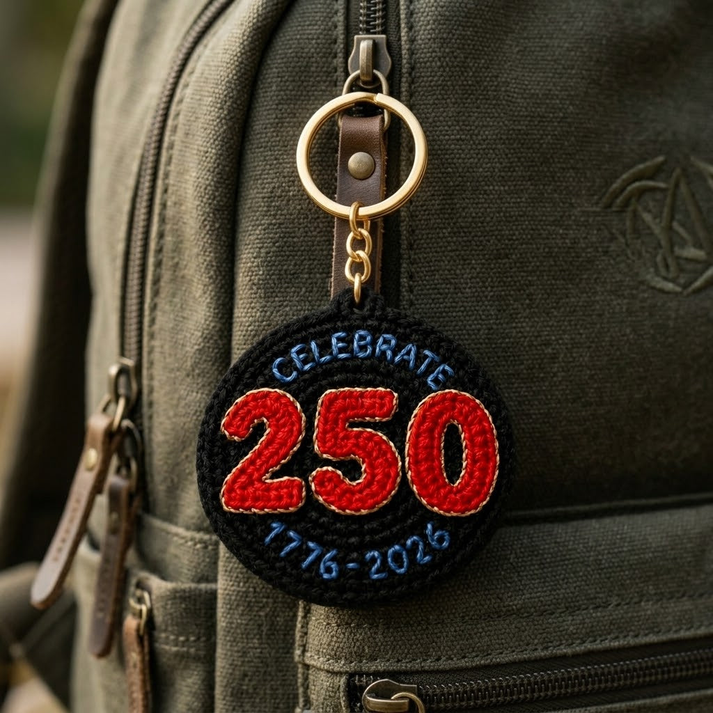 WoolyArtis WoolyArtis 250th USA anniversary keychain with red, white, and blue patriotic crochet-style design and 1776-2026 marking