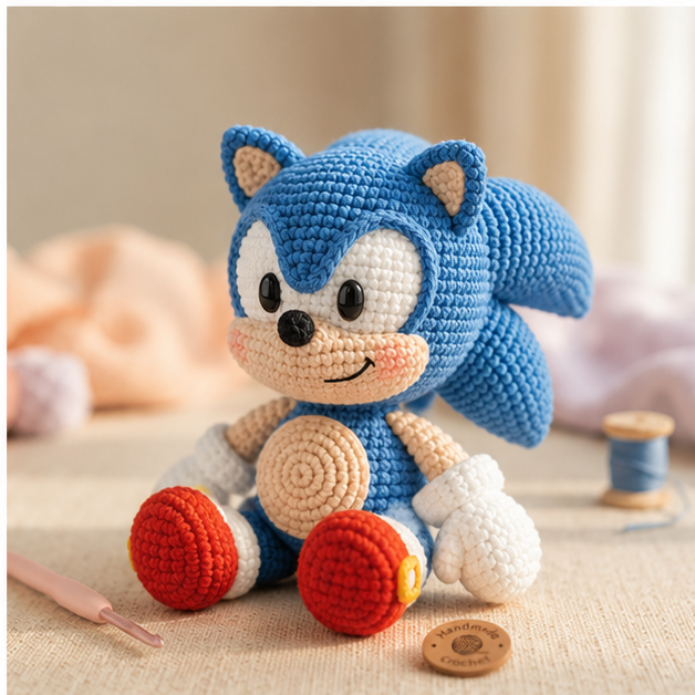 Blue Speedster Inspired Crochet Doll – Emotional Support Plush – Handmade Amigurumi Desk Buddy – Cute Gamer Gift – Crochet Collectible