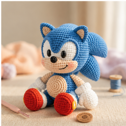 Blue Speedster Inspired Crochet Doll – Emotional Support Plush – Handmade Amigurumi Desk Buddy – Cute Gamer Gift – Crochet Collectible