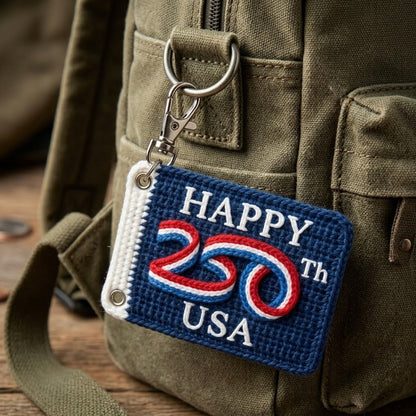 WoolyArtis USA 250th anniversary keychain featuring red, white, and blue crochet-style patriotic design with a keyring attachment.