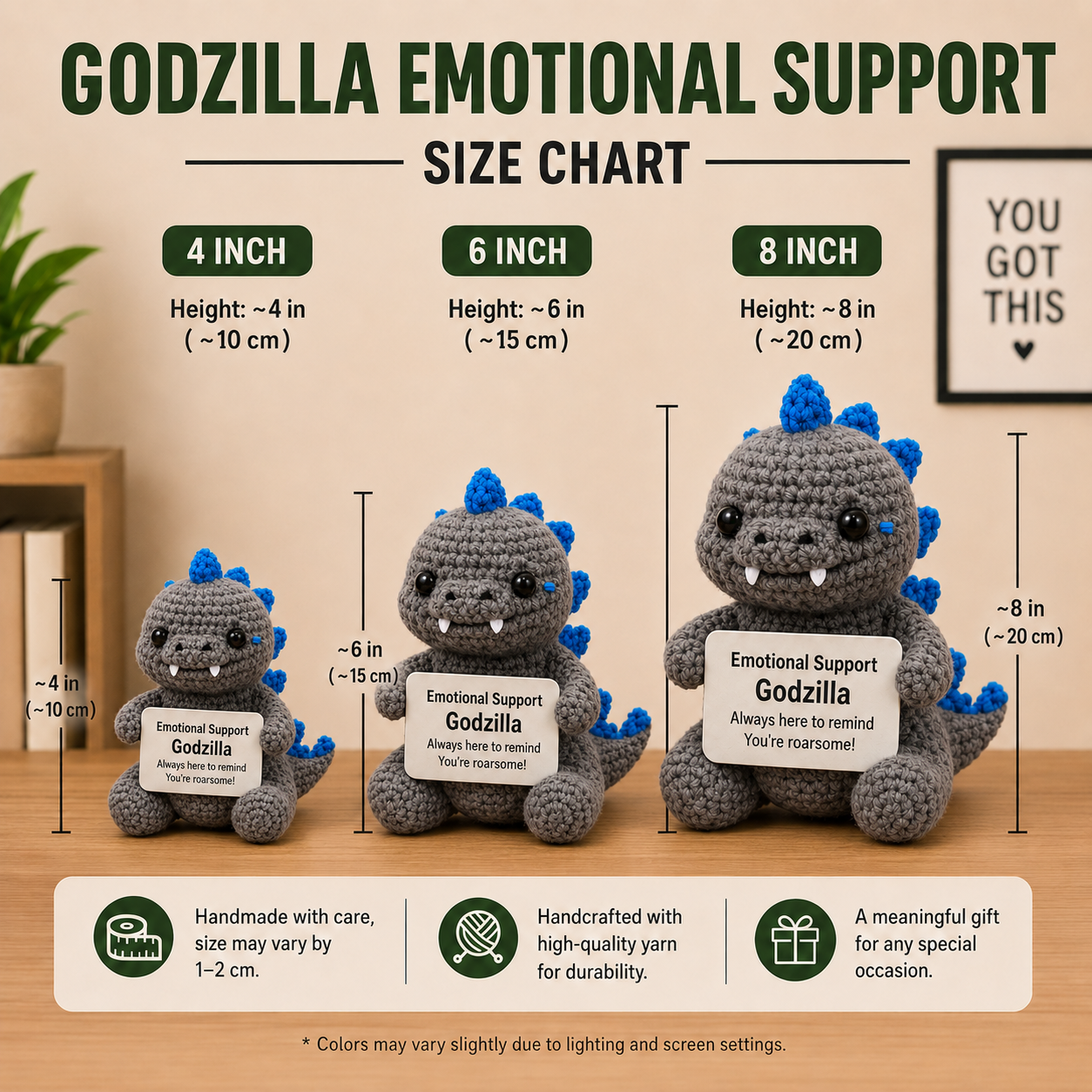 WoolyArtis WoolyArtis Emotional Support Godzilla crochet doll with custom quote, handmade funny gift for Godzilla fans.