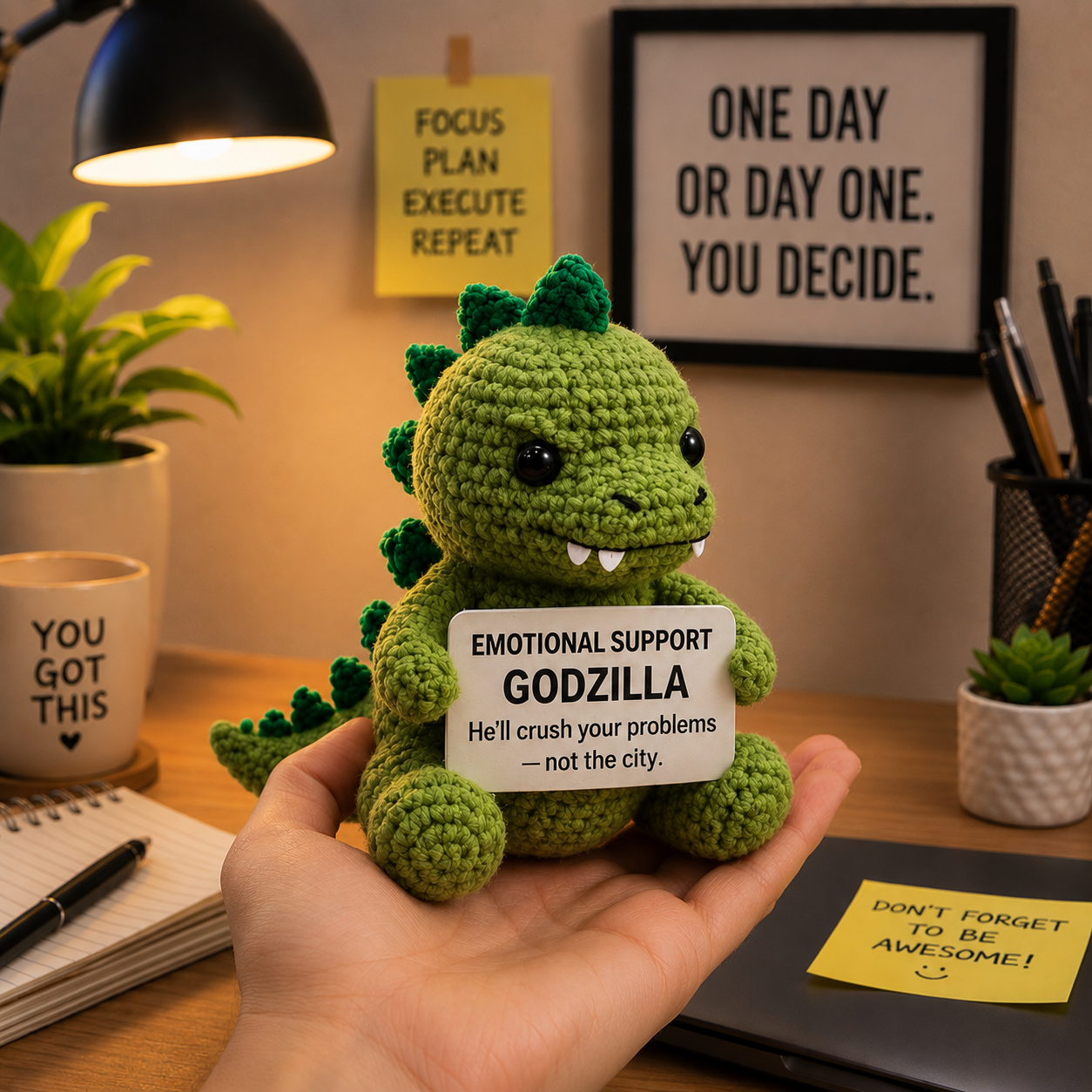 WoolyArtis WoolyArtis™ crochet Godzilla doll with custom quote, handmade emotional support plush toy for Godzilla fans.