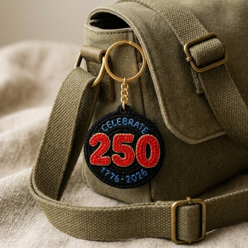 WoolyArtis 250th USA anniversary keychain featuring red, white, and blue crochet-style design with patriotic 1776-2026 motif.