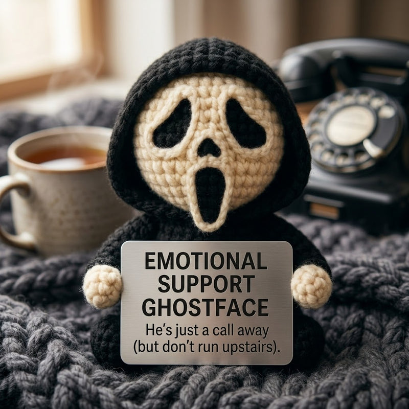 WoolyArtis handmade Ghostface crochet doll, creepy-cute amigurumi desk decor with detailed facial features and soft yarn texture.