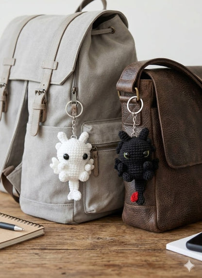 Handmade WoolyArtis crochet dragon couple keychains in black and white, fantasy amigurumi bag charms for couples.