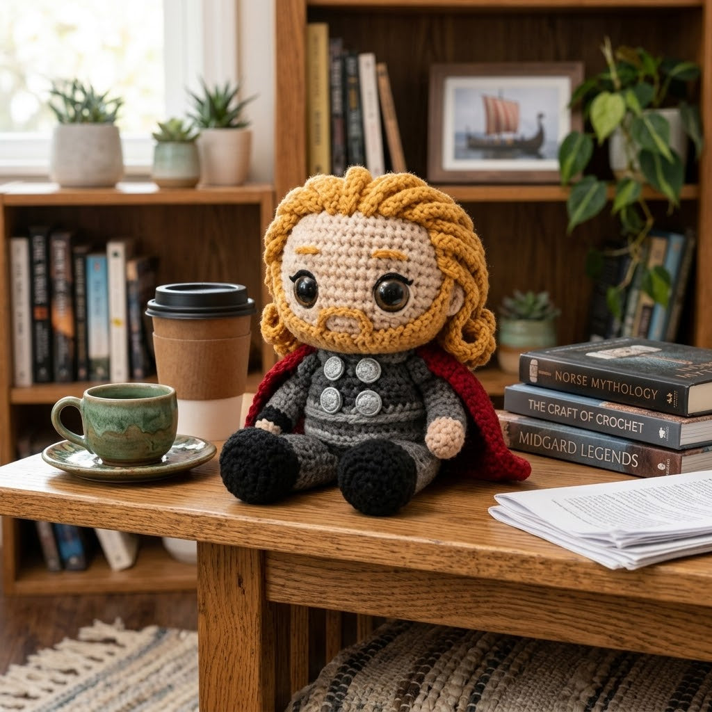 WoolyArtis™ | Thor Inspired Crochet Doll – Emotional Support Thor Plush – Handmade Crochet Hero Gift – Funny Desk Buddy – Amigurumi Collectible Decor