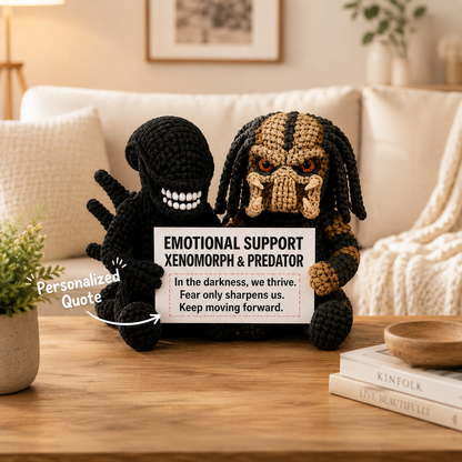 WoolyArtis™ | Emotional Support Monster Duo – XENOMORPH & PREDATOR – Handmade Crochet Alien & Hunter Plush Set with Personalized Quote