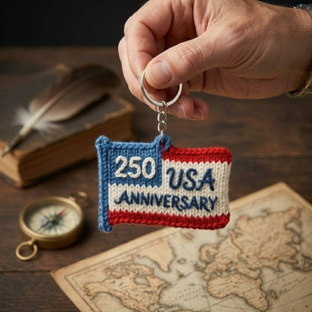 WoolyArtis handcrafted USA 250th anniversary patriotic knitted flag keychain with a small American flag design and keyring attachment.