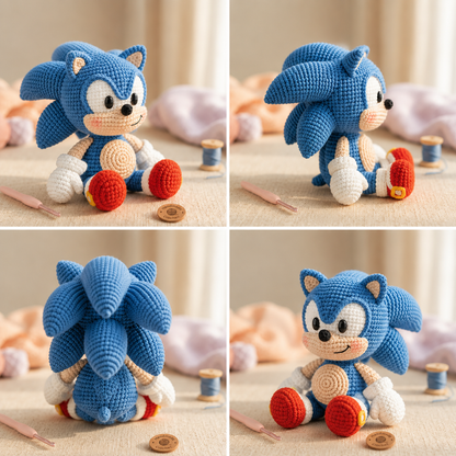 Blue Speedster Inspired Crochet Doll – Emotional Support Plush – Handmade Amigurumi Desk Buddy – Cute Gamer Gift – Crochet Collectible