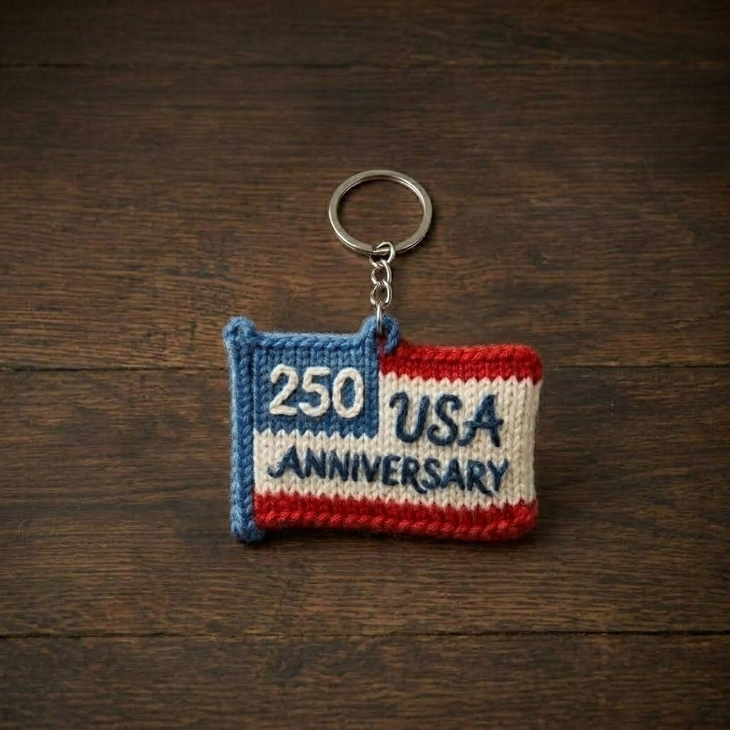 WoolyArtis handcrafted USA 250th anniversary keychain with patriotic knitted flag design, commemorative 2026 gift, keyring accessory