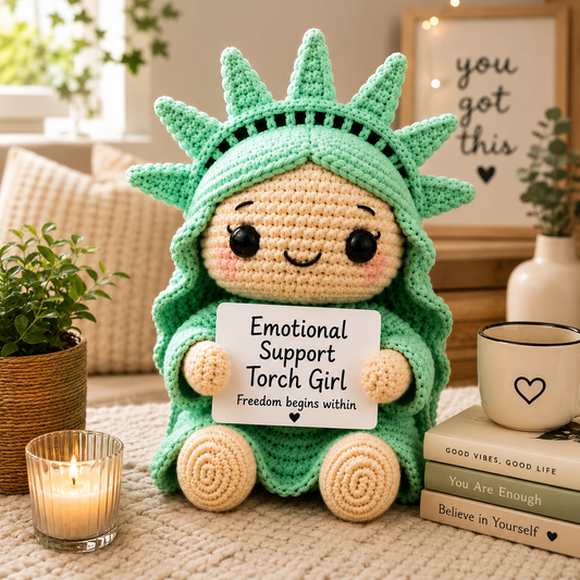 WoolyArtis WoolyArtis™ crochet doll of a girl holding a torch, plush Statue of Liberty desk companion, handmade and cute.