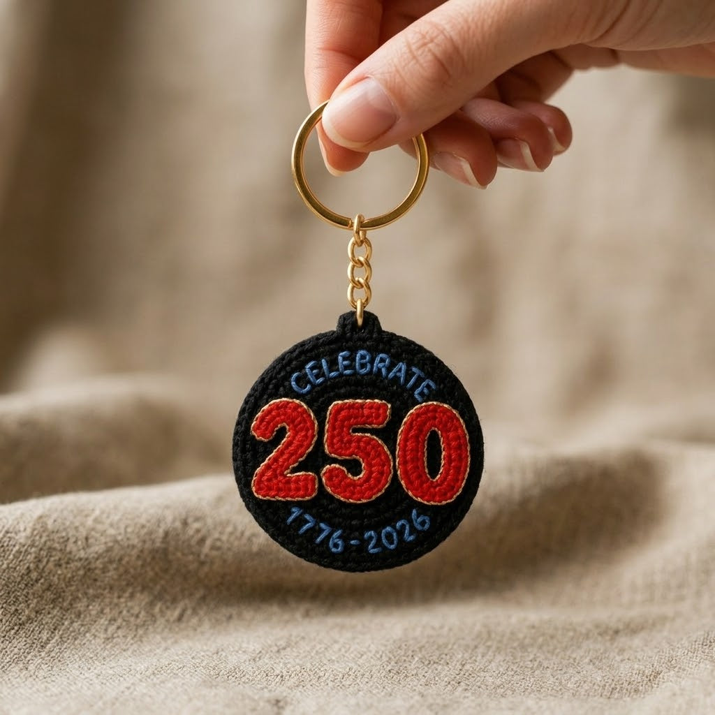 WoolyArtis 250th USA anniversary keychain featuring red, white, and blue crochet-style patriotic bag charm with 1776-2026 engraving.