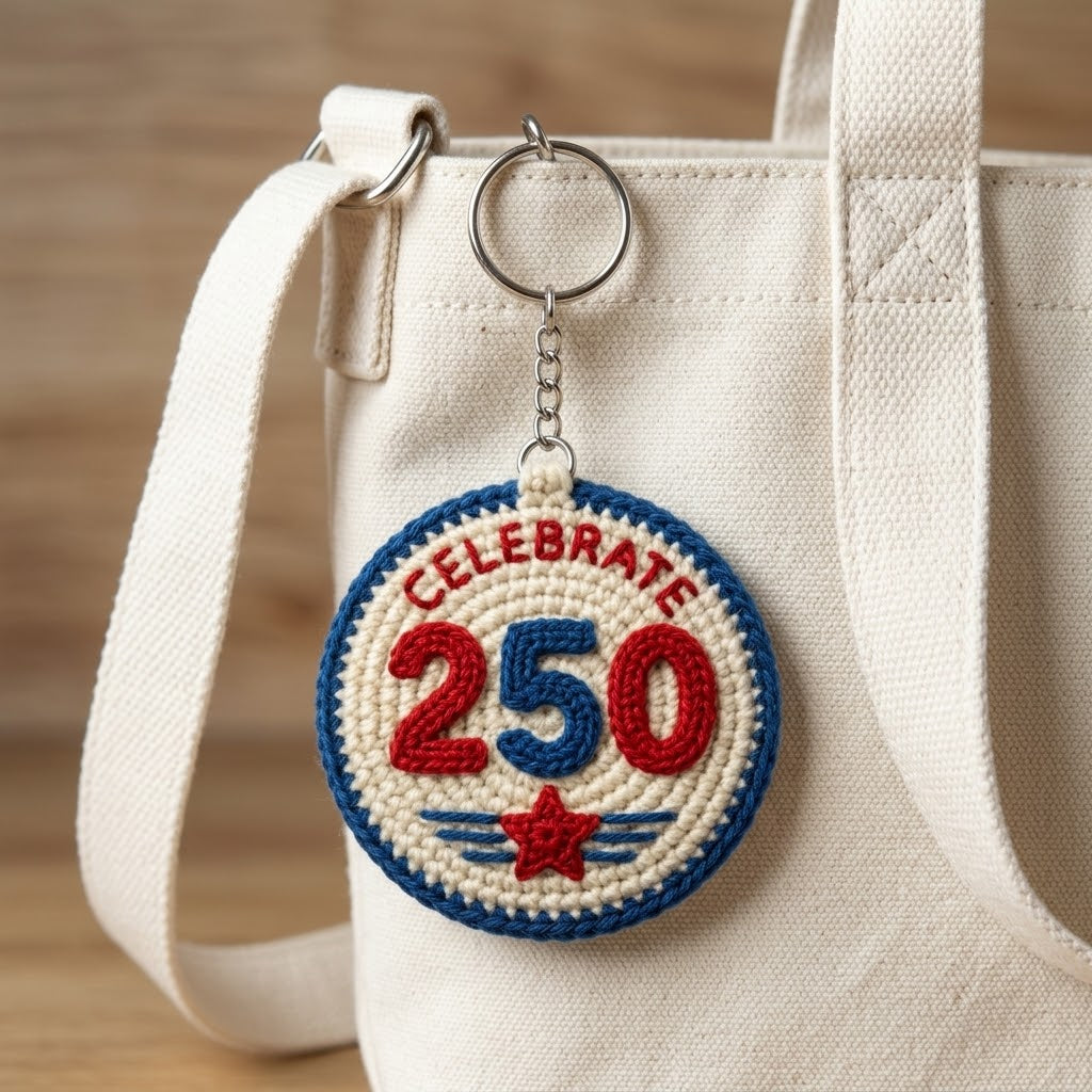 WoolyArtis 250 Crochet Keychain featuring red, white, and blue stars, patriotic bag charm for 4th of July and USA 250th anniversary