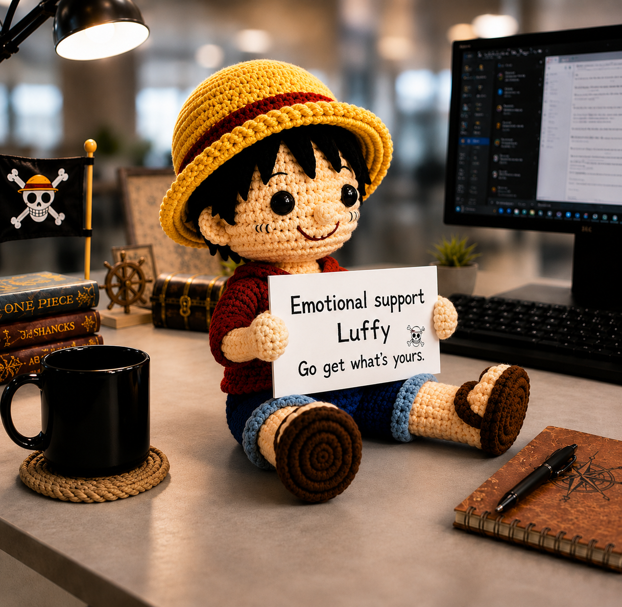 WoolyArtis™ | Emotional Support Luffy Crochet Doll – Handmade Anime Inspired Amigurumi Plush with  with Personalized Quote, Cute Desk Decor & Gift for Anime Fans