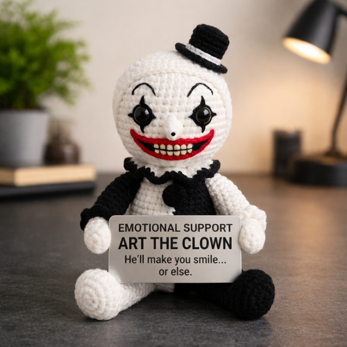 WoolyArtis™ emotional support clown crochet doll with colorful yarn hair and a cheerful expression, designed for comfort and companionship.