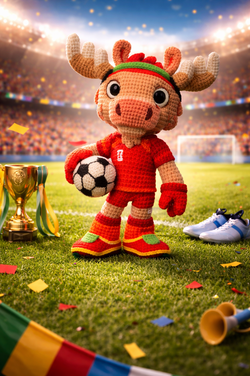 Handmade WoolyArtis WoolyArtis™ World Cup mascot plush with detailed stitching and vibrant colors, soft and cuddly for fans.