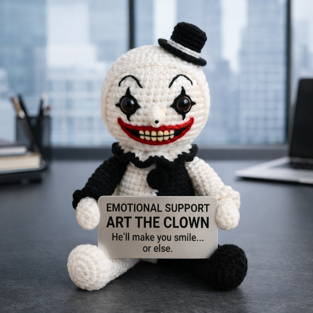 WoolyArtis™ emotional support clown crochet doll with colorful yarn hair and embroidered facial features, handmade and soft.