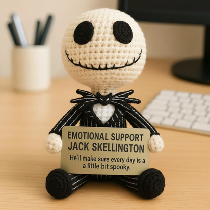 Handmade WoolyArtis Jack Skellington crochet doll, spooky plush emotional support figure with detailed stitching and expressive features.