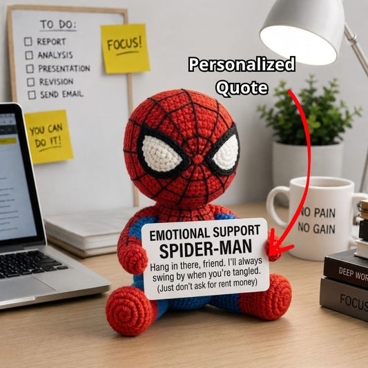 WoolyArtis WoolyArtis Emotional Support Spider Man crochet doll on desk, plush amigurumi with detailed Spider Man costume and friendly expression.