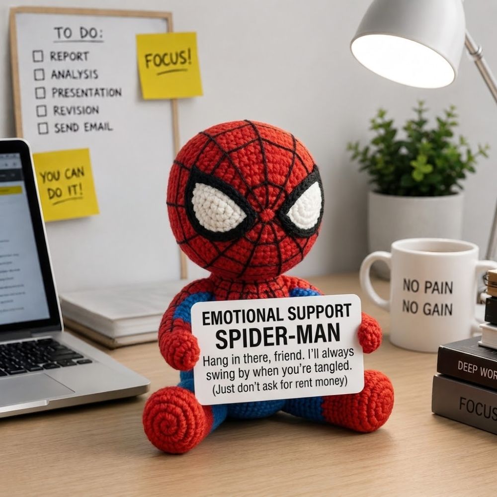 WoolyArtis™ | Emotional Support Spider Man Crochet Doll | Spider Man Amigurumi | Funny Crochet Gift | Personalized Desk Buddy
