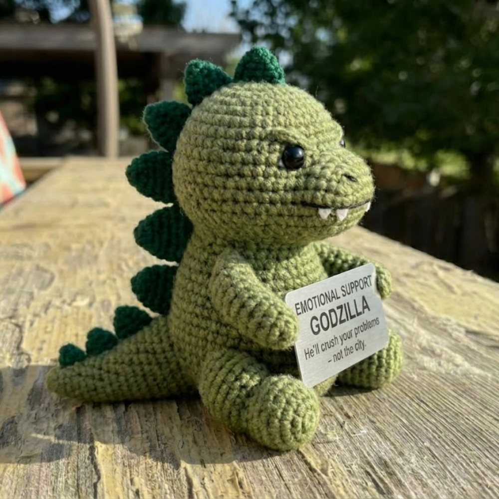 WoolyArtis WoolyArtis Emotional Support Godzilla crochet doll with detailed yarn texture and vibrant green color.