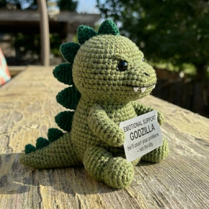 WoolyArtis WoolyArtis Emotional Support Godzilla crochet doll with detailed yarn texture and vibrant green color.
