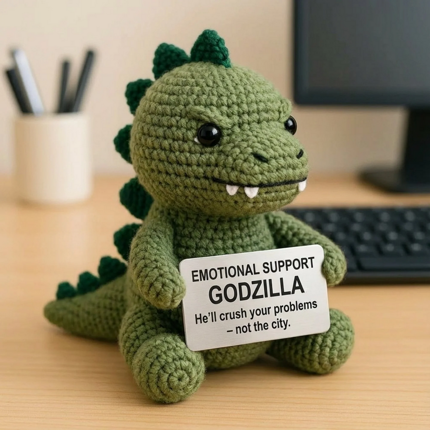 WoolyArtis WoolyArtis™ emotional support Godzilla crochet doll with green yarn, detailed facial features, and plush texture.