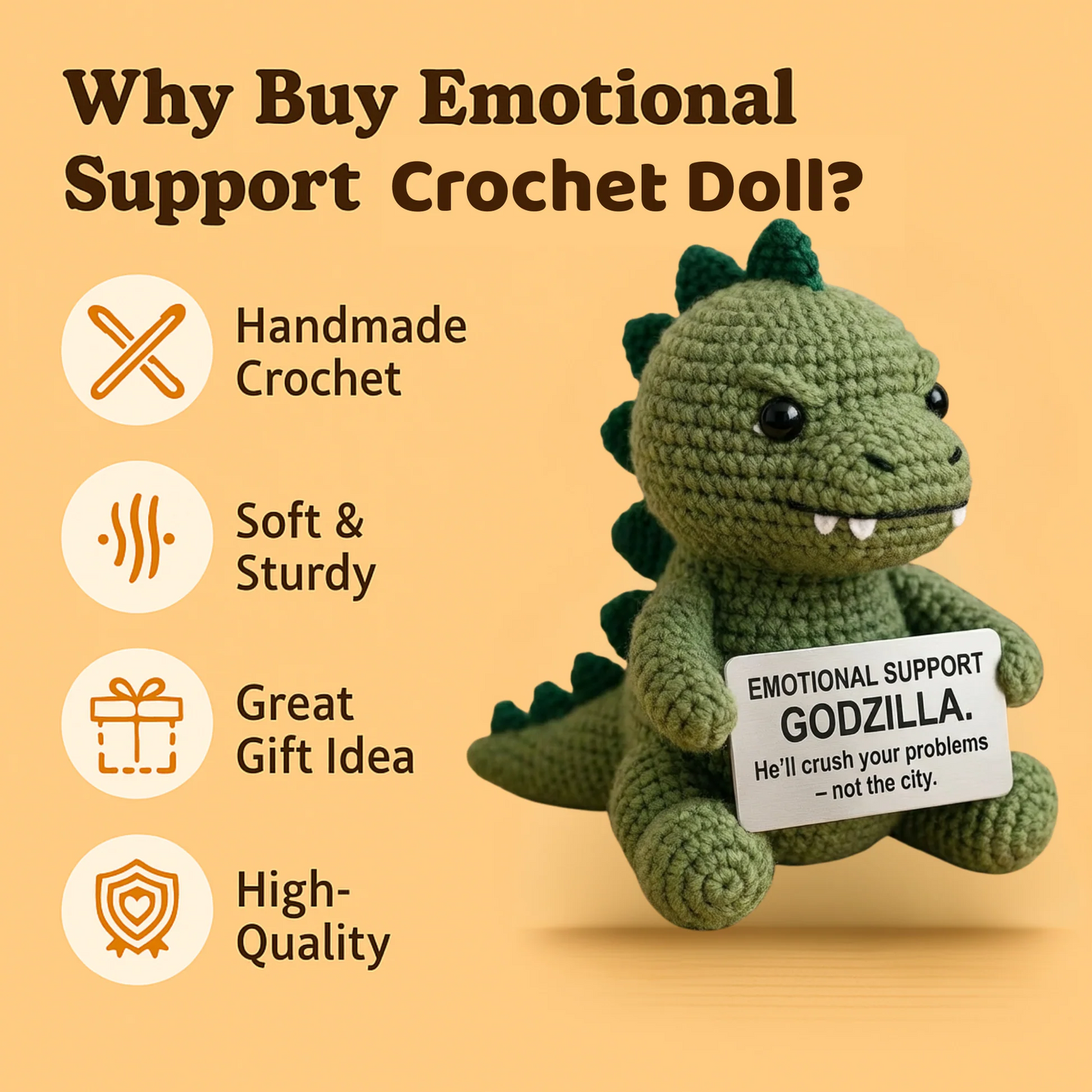 WoolyArtis WoolyArtis™ emotional support Godzilla crochet doll with detailed green yarn texture and cute facial features.