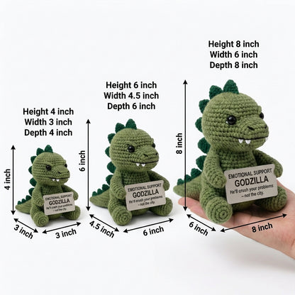 WoolyArtis WoolyArtis™ emotional support Godzilla crochet doll with detailed green yarn texture and adorable design.