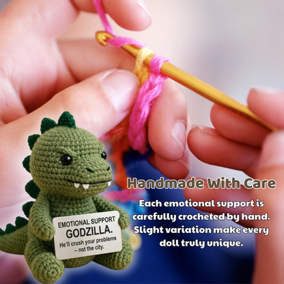 WoolyArtis WoolyArtis Emotional Support Godzilla crochet doll with detailed green and grey yarn, soft and plush for comforting support.