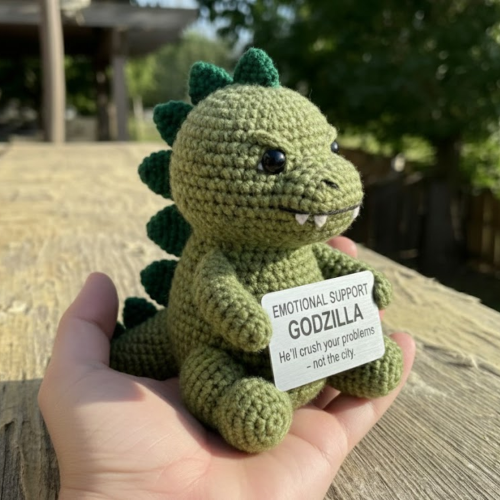 WoolyArtis emotional support Godzilla crochet doll with detailed crochet texture and plush features, perfect for comfort and display.