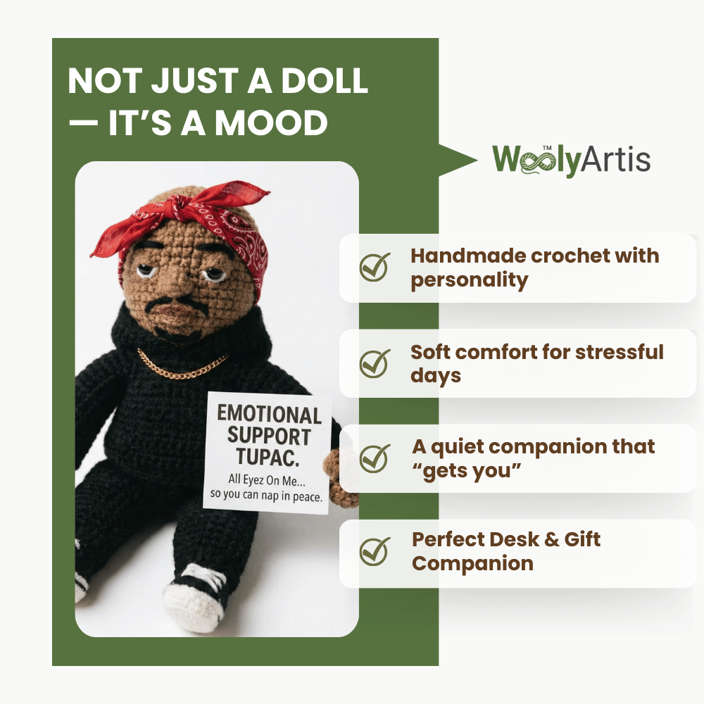 Woolyartis | Emotional Support Tupac Crochet Doll - Cozy Amigurumi Doll for Stress Relief - WoolyArtis