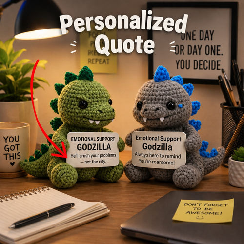 Handmade WoolyArtis Emotional Support Godzilla crochet doll with custom quote, featuring detailed green yarn and playful design.