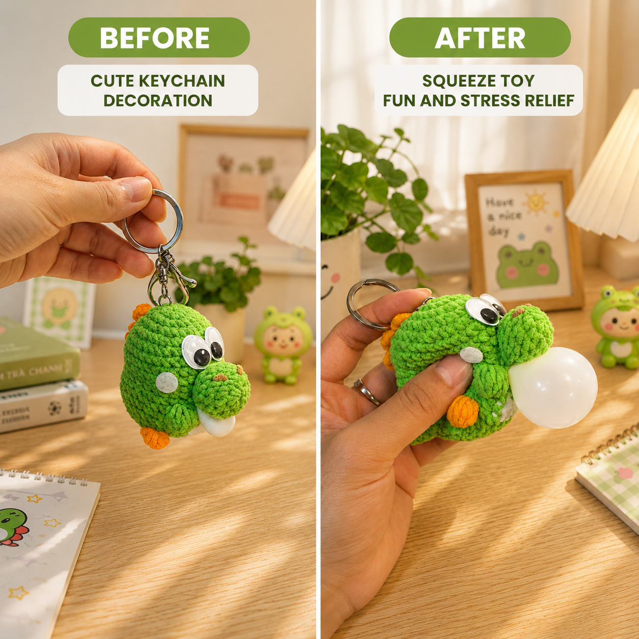 WoolyArtis™ | Cute Yoshi Crochet Keychain, Super Mario Inspired Squeeze Toy, Gamer Fidget Charm, Green Dinosaur Stress Relief Gift, Kawaii Bag Accessory