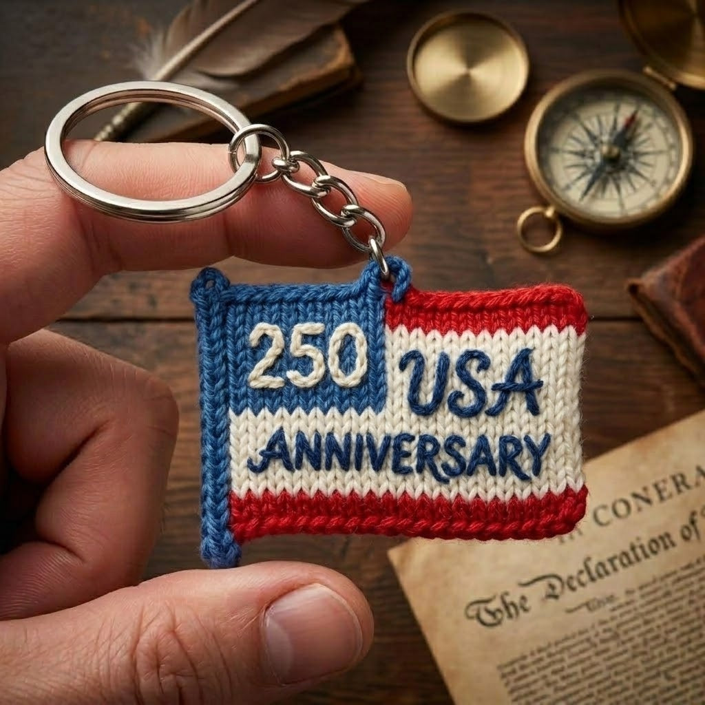 WoolyArtis handcrafted USA 250th anniversary keychain featuring a knitted American flag patriotic design on a metal keyring.