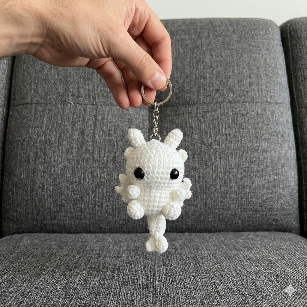Handmade WoolyArtis crochet dragon couple keychains in black and white, featuring fantasy amigurumi dragon bag charms for couples.