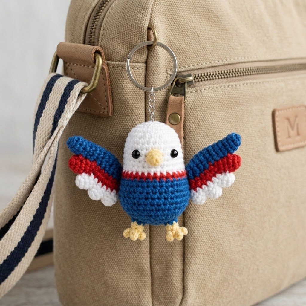 Crochet Bald Eagle keychain by WoolyArtis featuring red, white, and blue patriotic colors, perfect as July 4th USA bag charm.