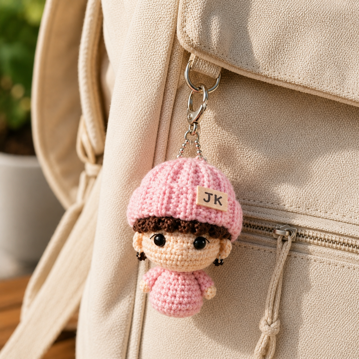 Handmade WoolyArtis K-Pop crochet doll keychain set with cute amigurumi mini plush charms and detailed fan-made member accessories.