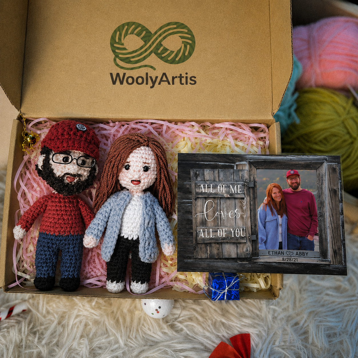 WoolyArtis personalized crochet doll with photo card, featuring a handmade plush doll ideal as a gift for loved ones.