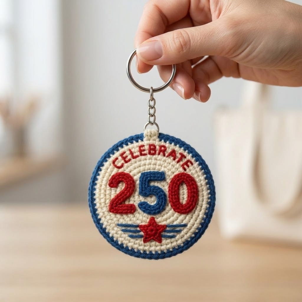 Red, white, and blue crochet star keychain celebrating 250th USA anniversary, patriotic bag charm by WoolyArtis.