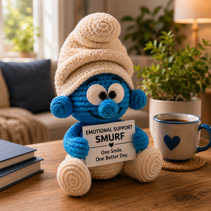 Emotional Support Smurf Inspired Crochet Doll – Handmade Amigurumi Plush with Personalized Quote, Cute Desk Decor & Gift for Cartoon Lovers
