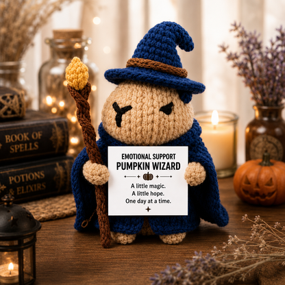 WoolyArtis™ | Emotional Support Pumpkin Wizard Crochet Plush with Personalized Quote | Handmade Wizard Pumpkin Doll | Cute Desk Buddy | Cozy Fall Decor | Self Care Gift | Halloween Gift