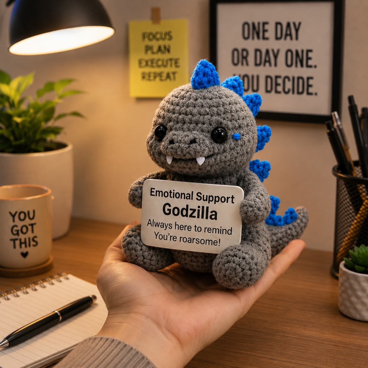 WoolyArtis WoolyArtis™ crochet Godzilla doll with custom quote, handmade emotional support toy for Godzilla fans, funny gift idea