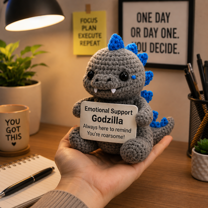 WoolyArtis WoolyArtis™ crochet Godzilla doll with custom quote, handmade emotional support toy for Godzilla fans, funny gift idea