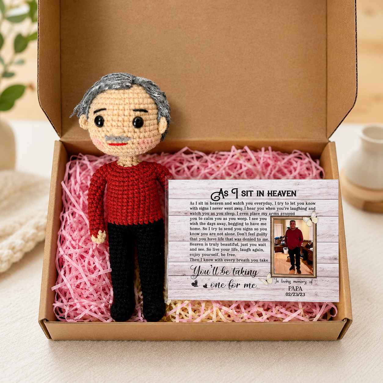 WoolyArtis™ | Personalized Memorial Crochet Doll, Custom Photo Portrait Doll,  Sympathy Gift Loss of Loved One, Handmade Bereavement Gift,  "Forever In My Heart" Keepsake Doll