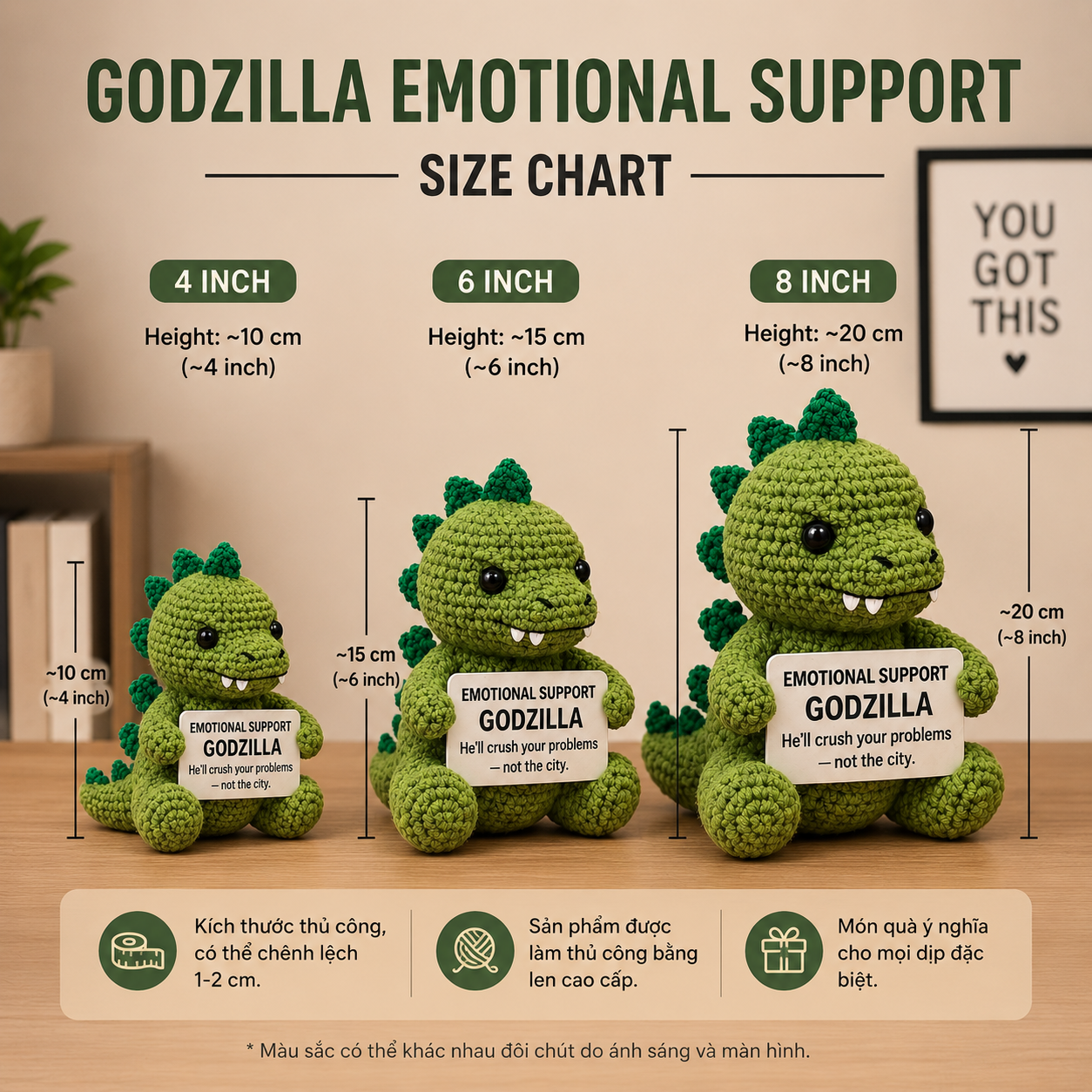 Handmade WoolyArtis WoolyArtis™ emotional support Godzilla crochet doll with a custom quote, perfect funny gift for Godzilla fans.